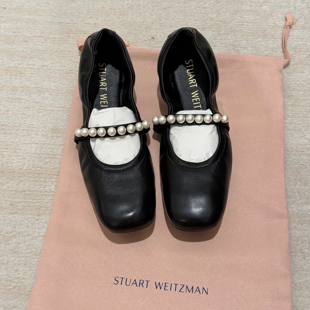 Stuart Weitzman Goldie Ballerina Pearl Flats in Black Leather Size 9 B